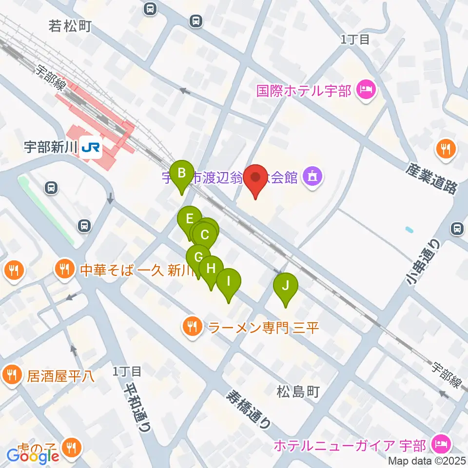 宇部市文化会館周辺のファミレス・ファーストフード一覧地図