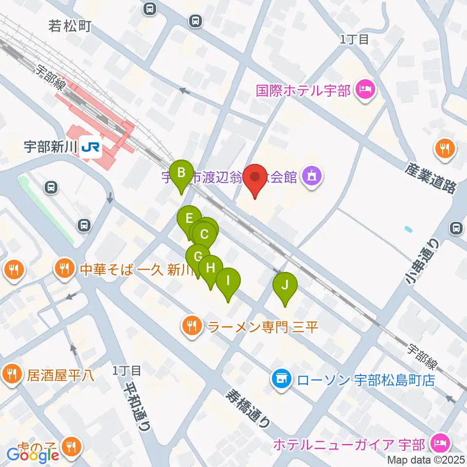 宇部市文化会館周辺のファミレス・ファーストフード一覧地図