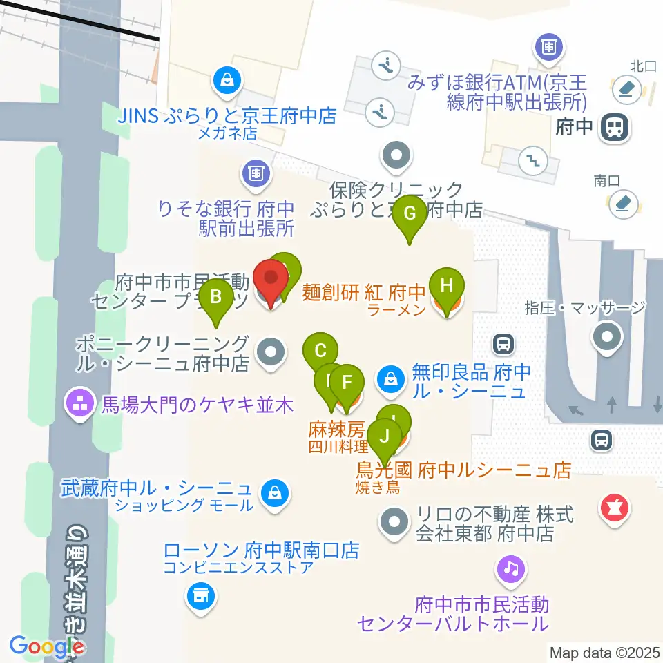 府中市市民活動センター プラッツ周辺のファミレス・ファーストフード一覧地図
