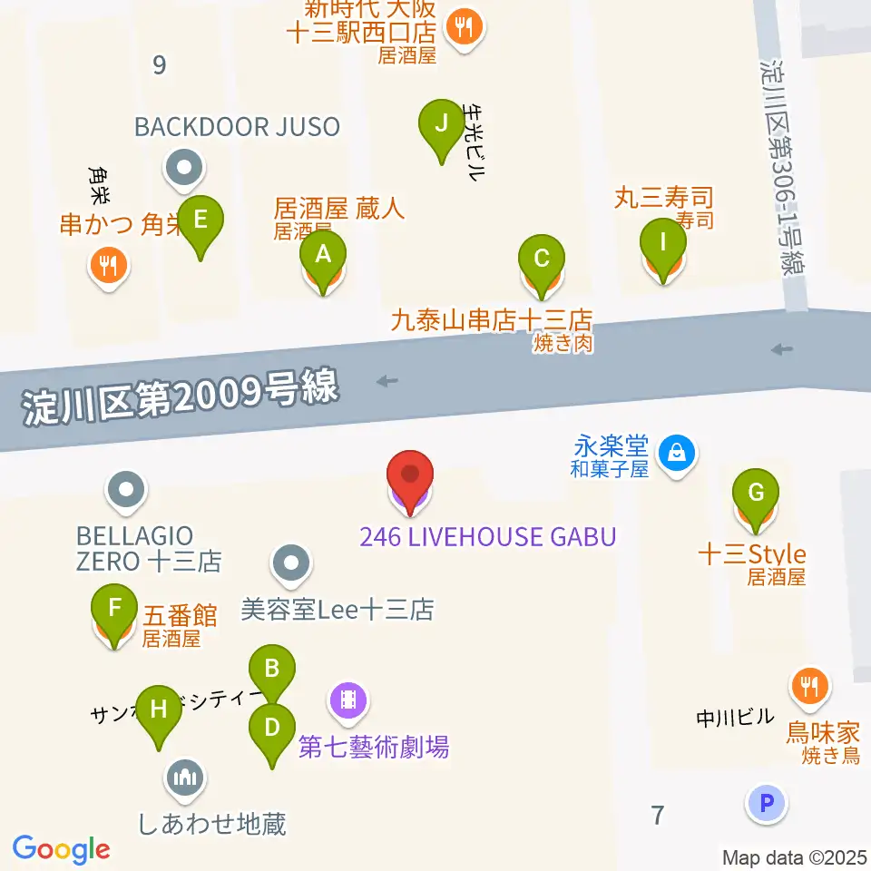 十三GABU周辺のファミレス・ファーストフード一覧地図