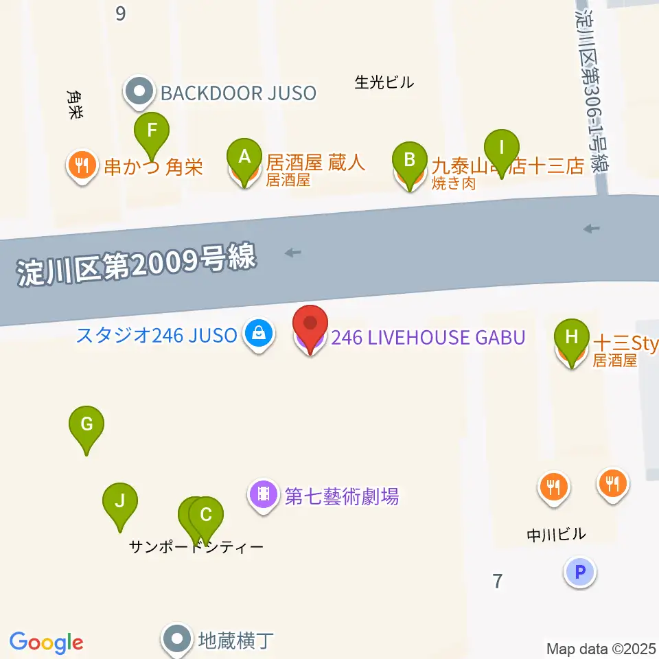十三GABU周辺のファミレス・ファーストフード一覧地図