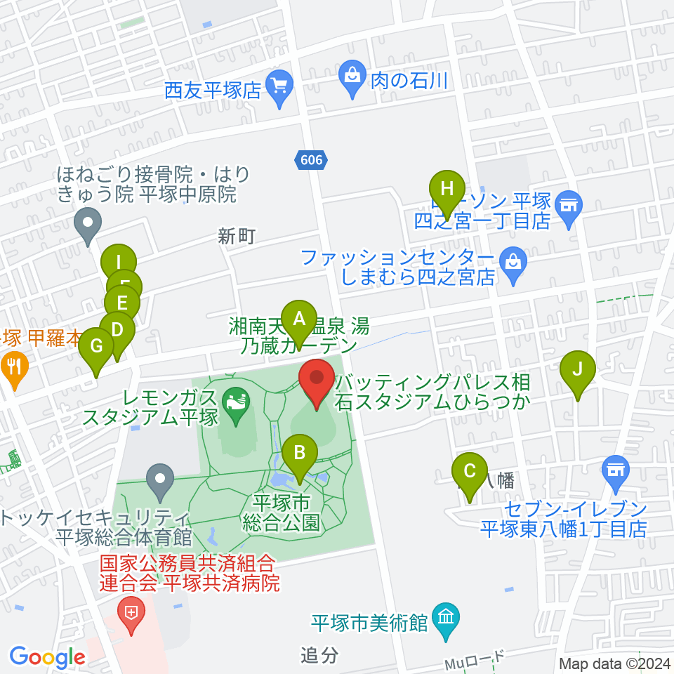 バッティングパレス相石スタジアムひらつか周辺のファミレス・ファーストフード一覧地図