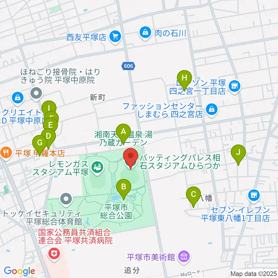 バッティングパレス相石スタジアムひらつか周辺のファミレス・ファーストフード一覧地図