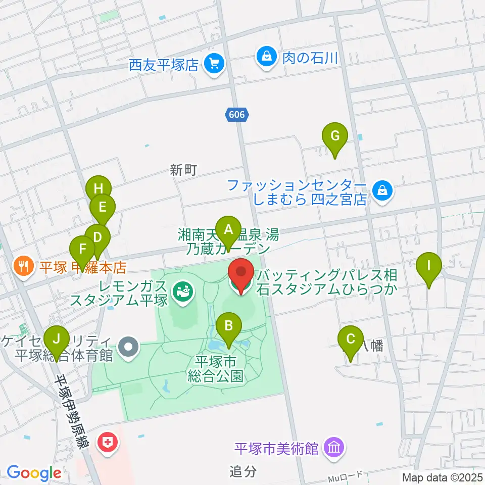 バッティングパレス相石スタジアムひらつか周辺のファミレス・ファーストフード一覧地図