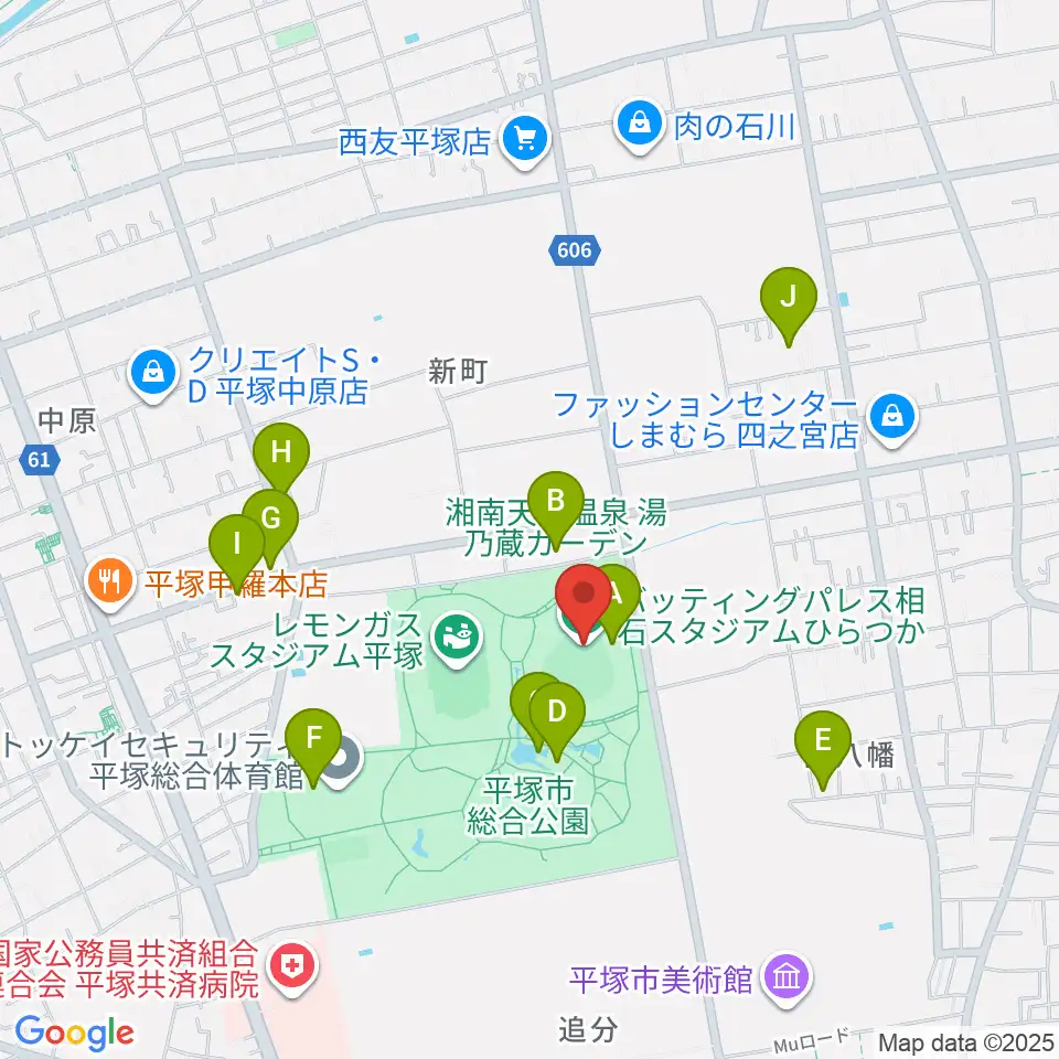 バッティングパレス相石スタジアムひらつか周辺のファミレス・ファーストフード一覧地図