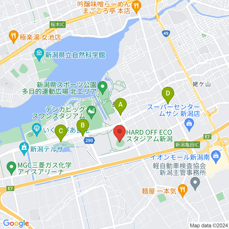 ハードオフエコスタジアム新潟周辺のファミレス・ファーストフード一覧地図