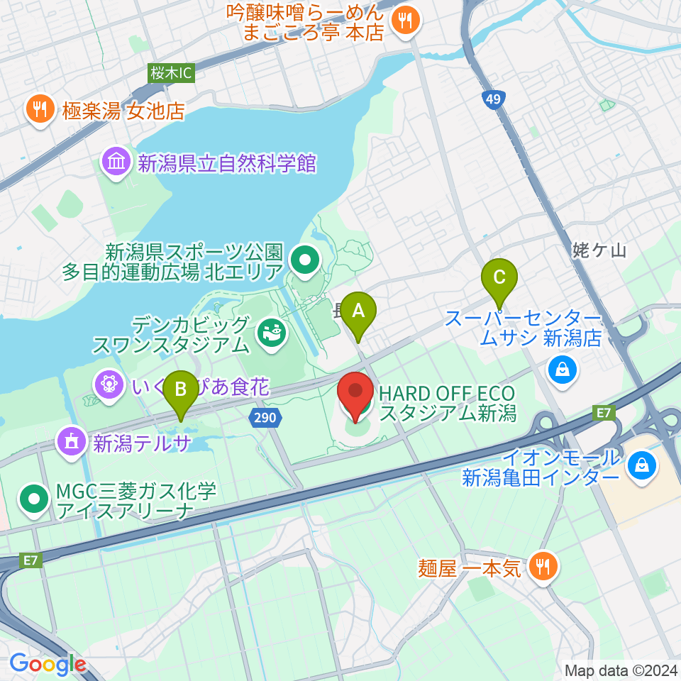 ハードオフエコスタジアム新潟周辺のファミレス・ファーストフード一覧地図