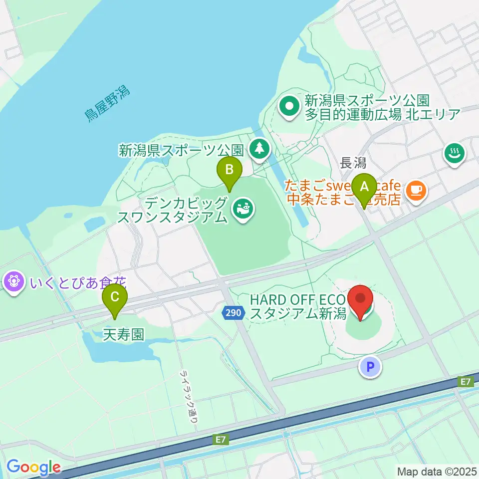 ハードオフエコスタジアム新潟周辺のファミレス・ファーストフード一覧地図