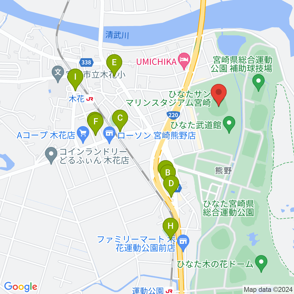 ひなたサンマリンスタジアム宮崎周辺のファミレス・ファーストフード一覧地図