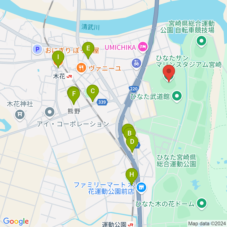 ひなたサンマリンスタジアム宮崎周辺のファミレス・ファーストフード一覧地図