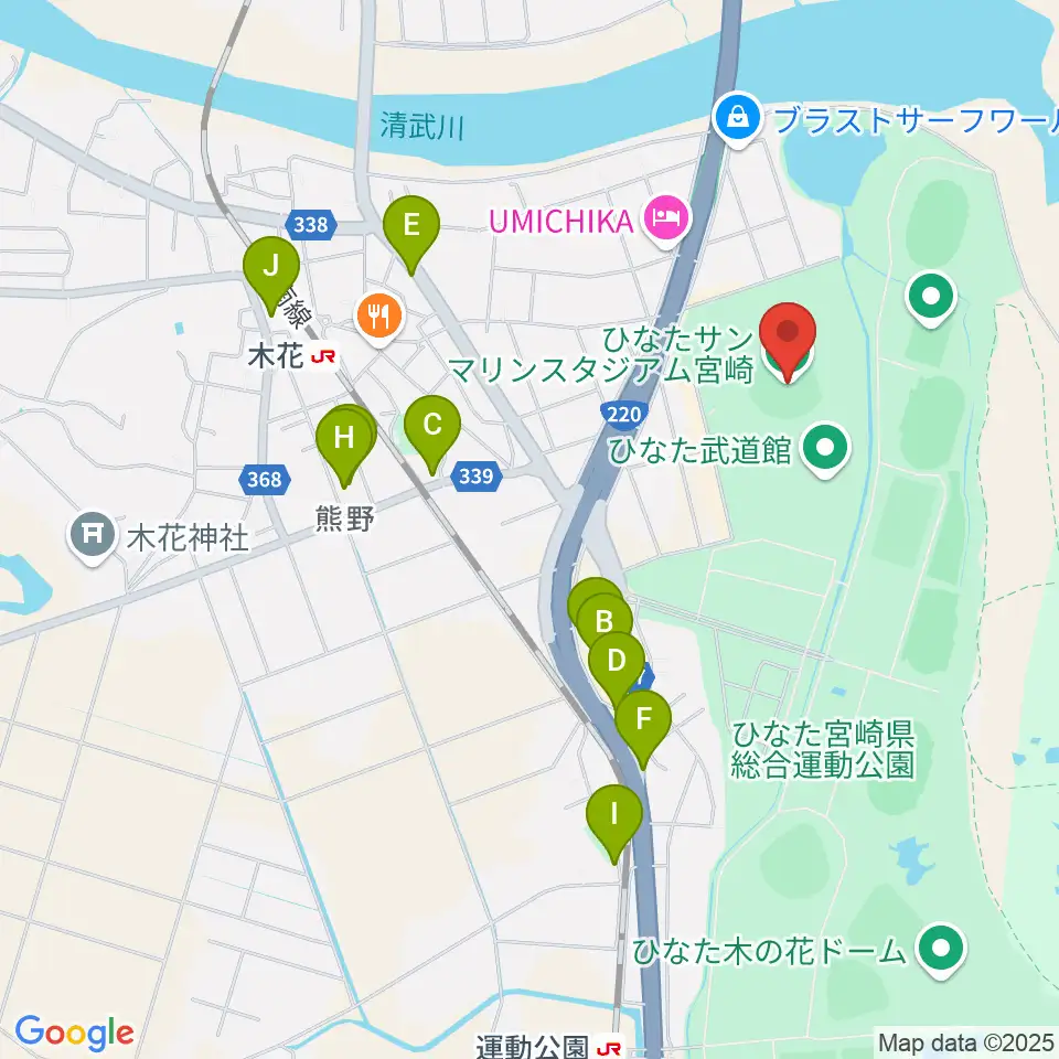 ひなたサンマリンスタジアム宮崎周辺のファミレス・ファーストフード一覧地図
