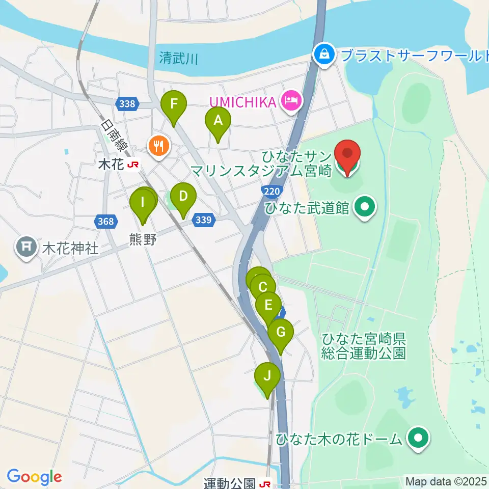 ひなたサンマリンスタジアム宮崎周辺のファミレス・ファーストフード一覧地図