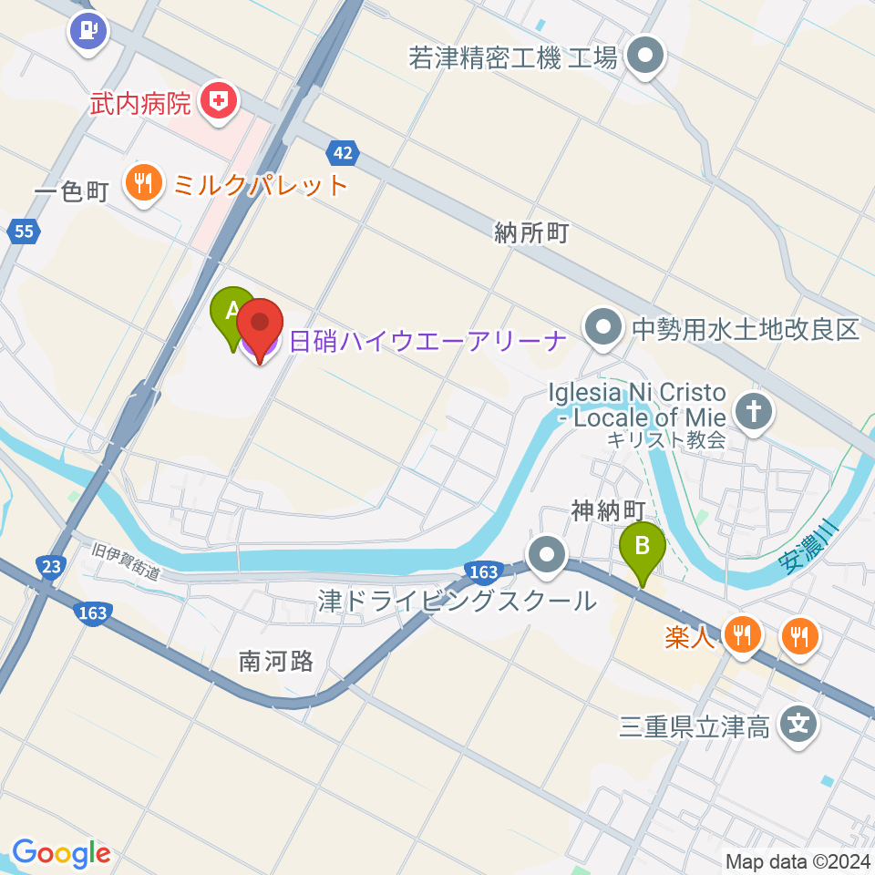 日硝ハイウエーアリーナ周辺のファミレス・ファーストフード一覧地図