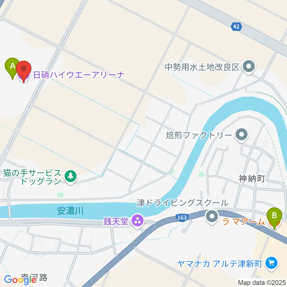 日硝ハイウエーアリーナ周辺のファミレス・ファーストフード一覧地図