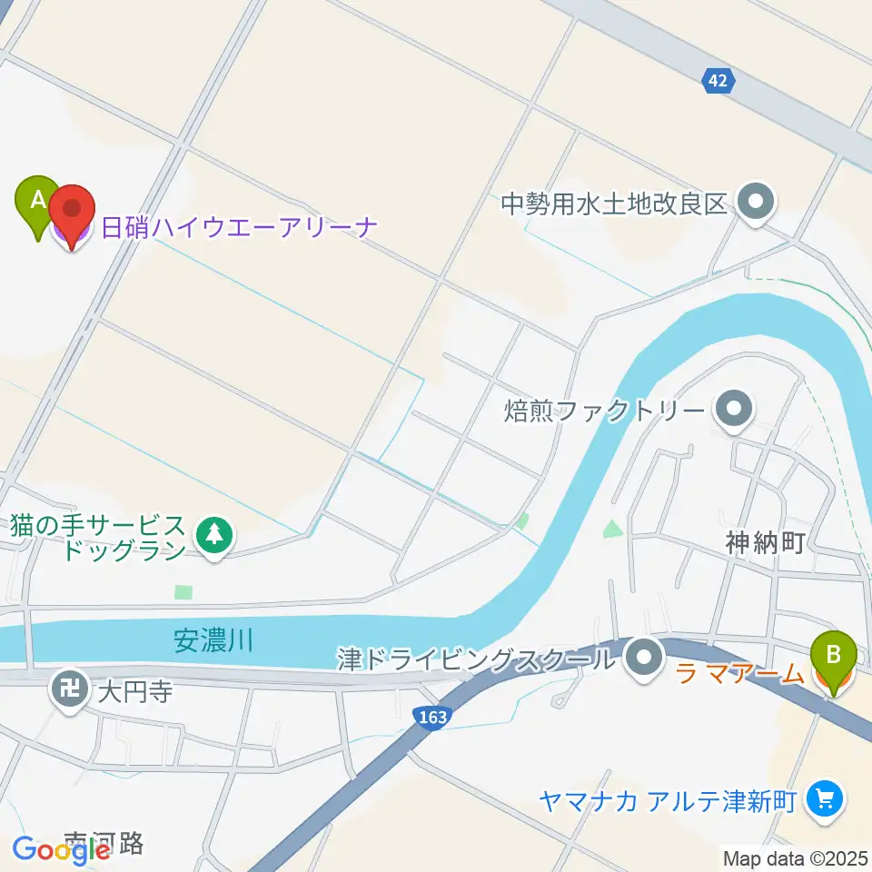 日硝ハイウエーアリーナ周辺のファミレス・ファーストフード一覧地図