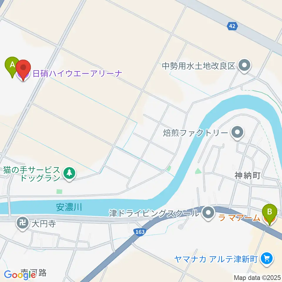 日硝ハイウエーアリーナ周辺のファミレス・ファーストフード一覧地図
