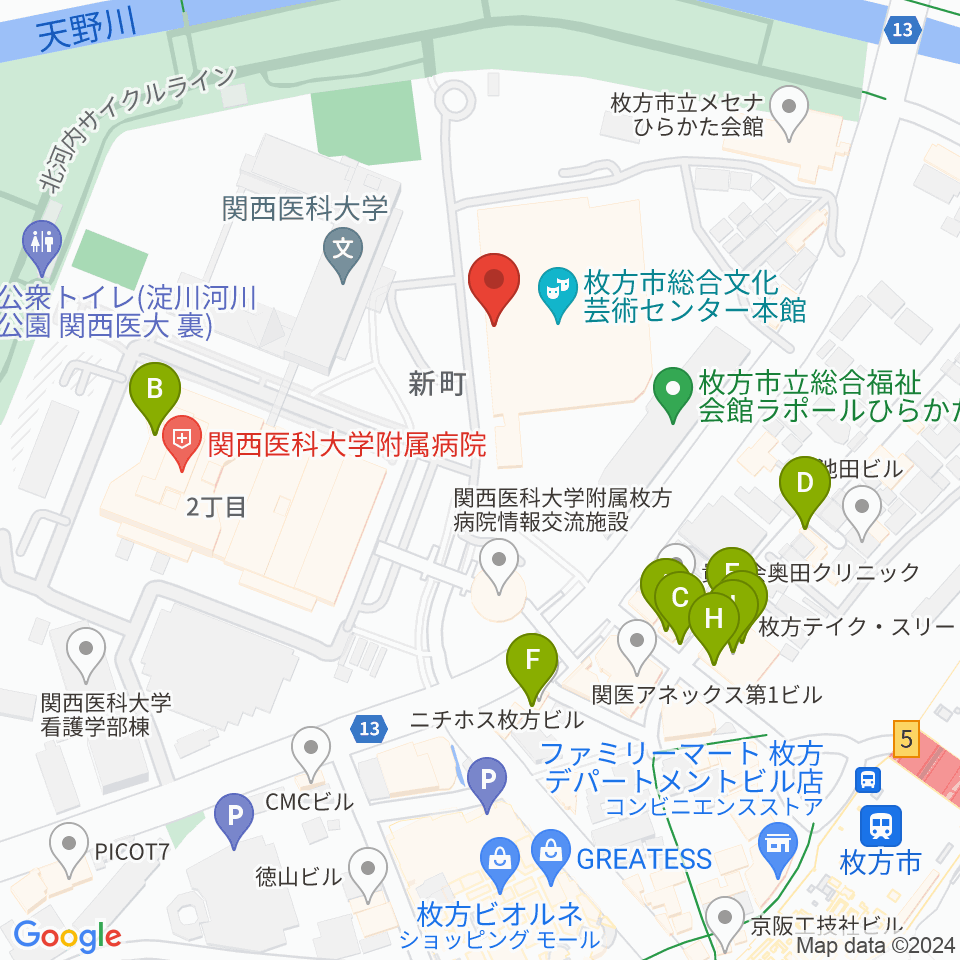 枚方市総合文化芸術センター周辺のファミレス・ファーストフード一覧地図
