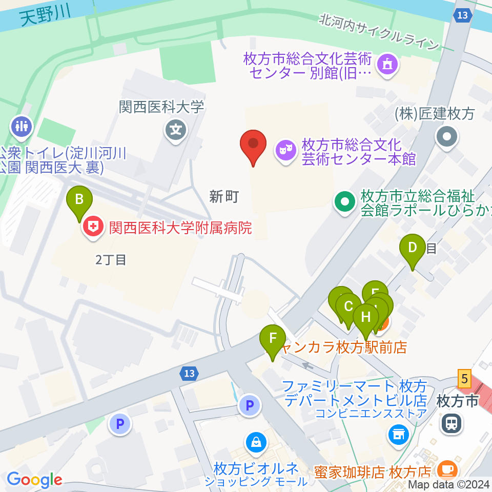 枚方市総合文化芸術センター周辺のファミレス・ファーストフード一覧地図