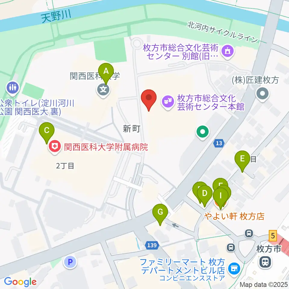 枚方市総合文化芸術センター周辺のファミレス・ファーストフード一覧地図