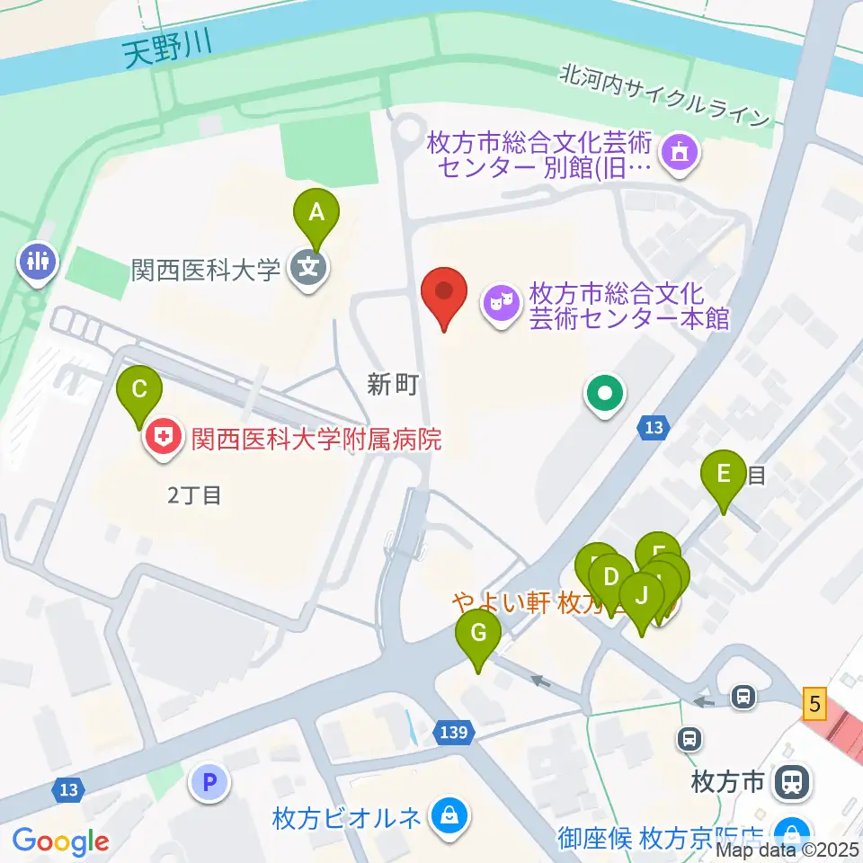 枚方市総合文化芸術センター周辺のファミレス・ファーストフード一覧地図