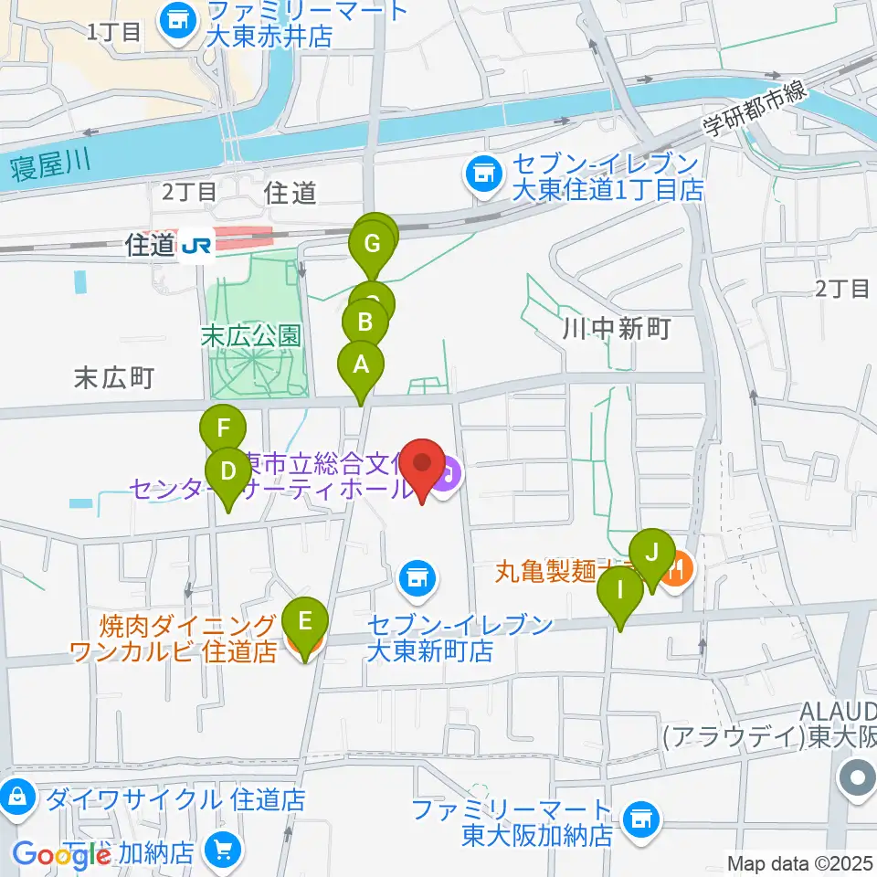 大東市立文化ホール サーティホール周辺のファミレス・ファーストフード一覧地図