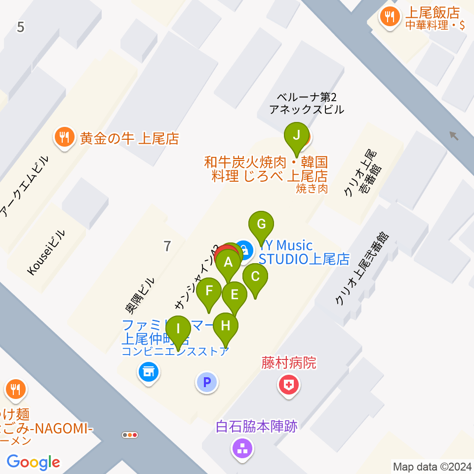 ワイワイミュージックスタジオ周辺のファミレス・ファーストフード一覧地図