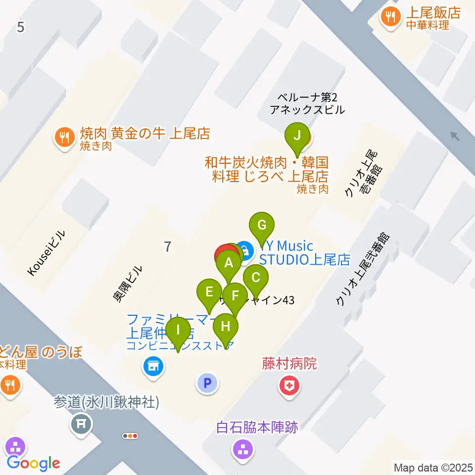 ワイワイミュージックスタジオ 上尾店周辺のファミレス・ファーストフード一覧地図