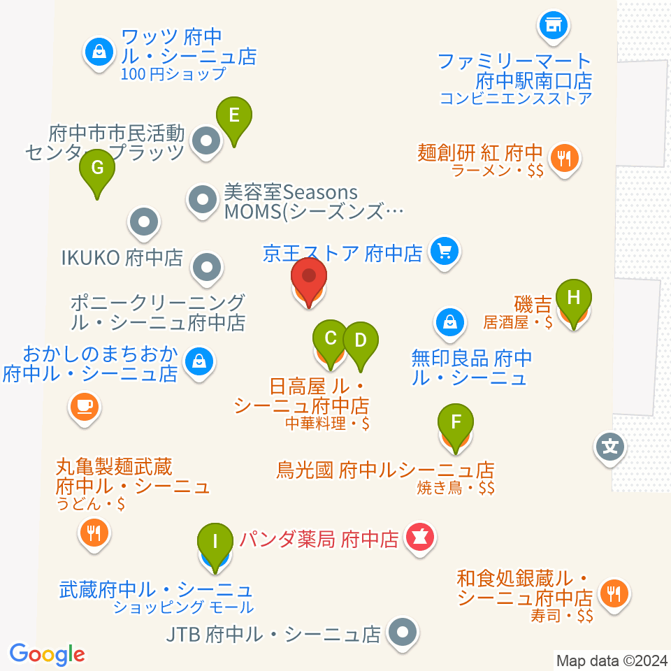 宮地楽器 MUSIC JOY府中周辺のファミレス・ファーストフード一覧地図