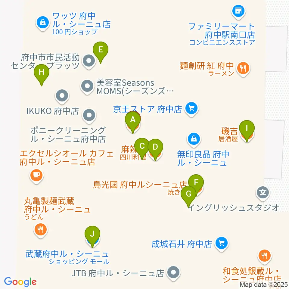 宮地楽器 MUSIC JOY府中周辺のファミレス・ファーストフード一覧地図