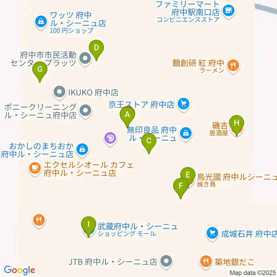 宮地楽器 MUSIC JOY府中周辺のファミレス・ファーストフード一覧地図