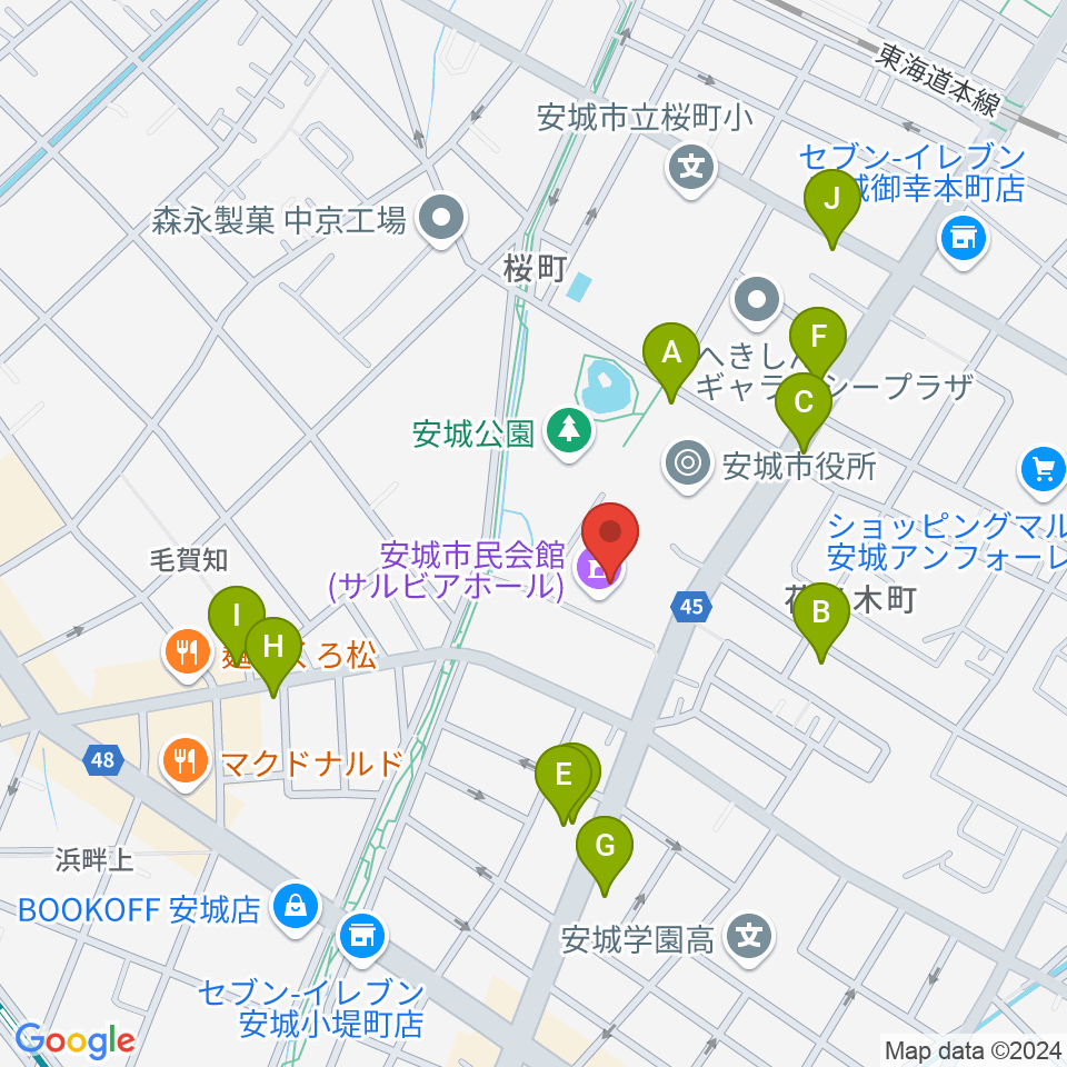 安城市民会館周辺のファミレス・ファーストフード一覧地図