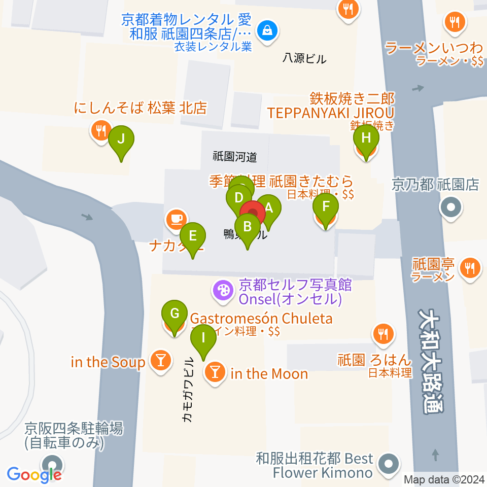 祇園四条Bonds Rosary周辺のファミレス・ファーストフード一覧地図