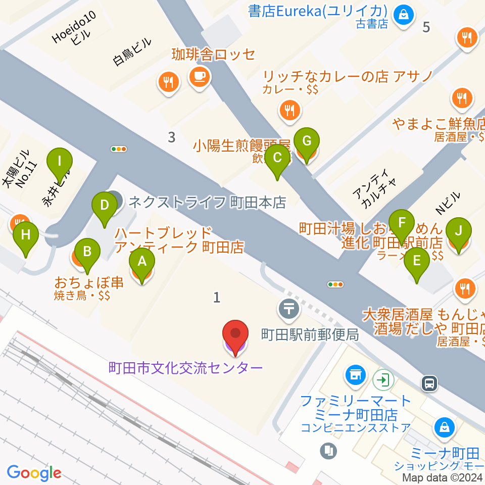 町田市文化交流センター周辺のファミレス・ファーストフード一覧地図