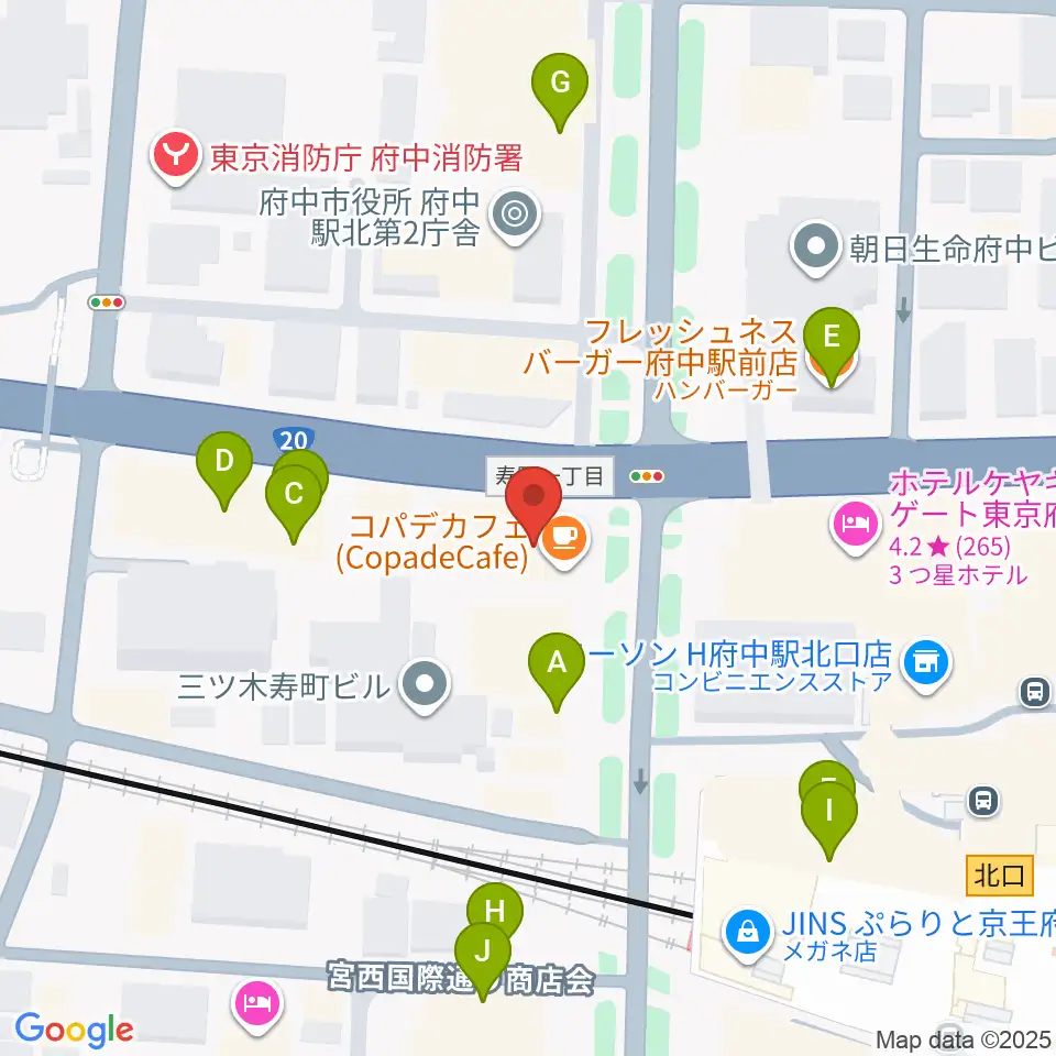 府中コパデカフェ周辺のファミレス・ファーストフード一覧地図