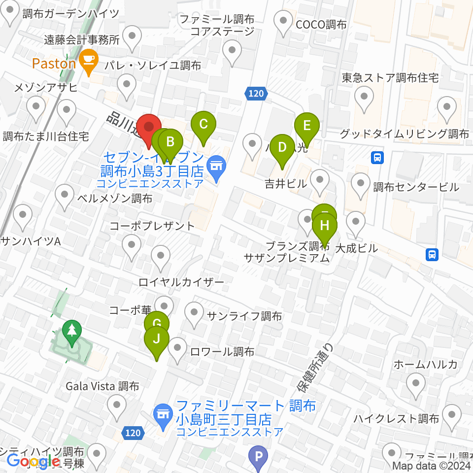 調布ヴァイオリン周辺のファミレス・ファーストフード一覧地図