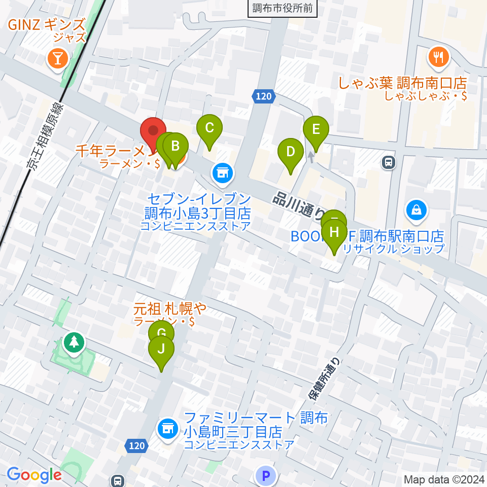 調布ヴァイオリン周辺のファミレス・ファーストフード一覧地図