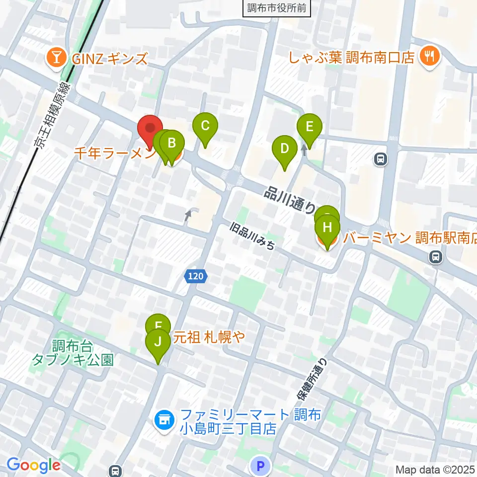 調布ヴァイオリン周辺のファミレス・ファーストフード一覧地図