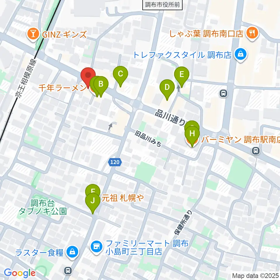 調布ヴァイオリン周辺のファミレス・ファーストフード一覧地図