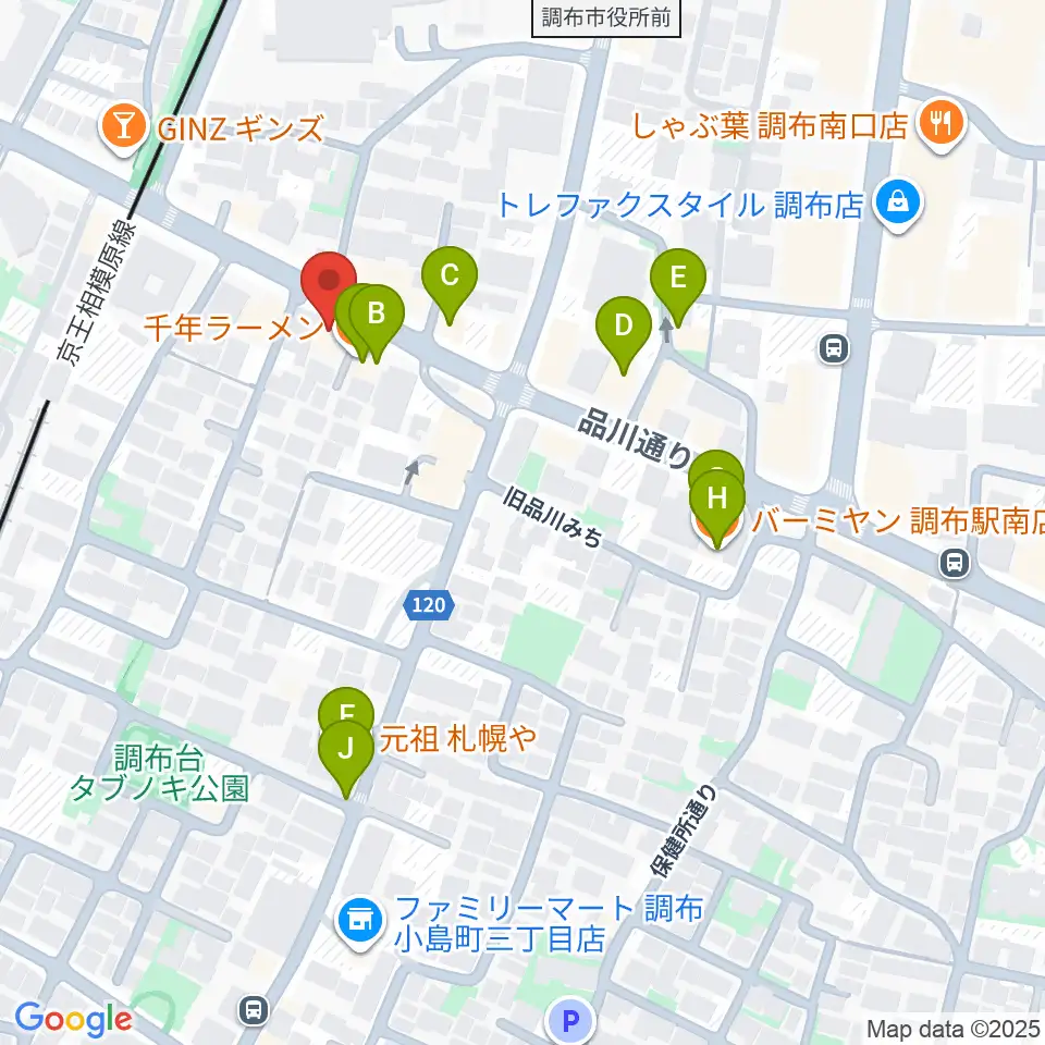 調布ヴァイオリン周辺のファミレス・ファーストフード一覧地図
