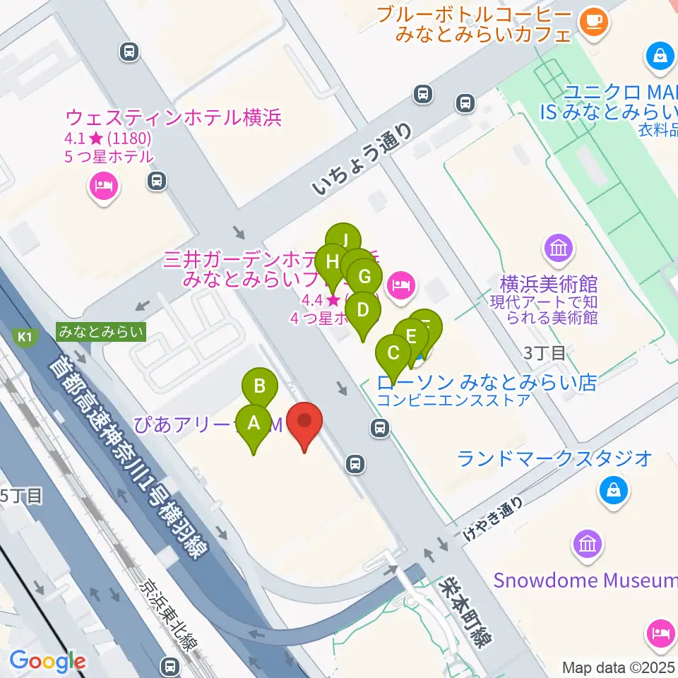 ぴあアリーナMM周辺のファミレス・ファーストフード一覧地図