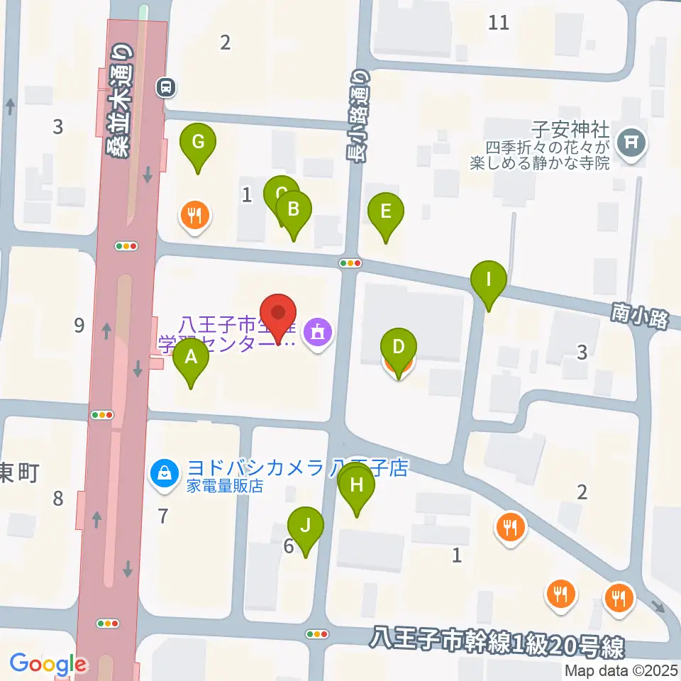 八王子クリエイトホール周辺のファミレス・ファーストフード一覧地図