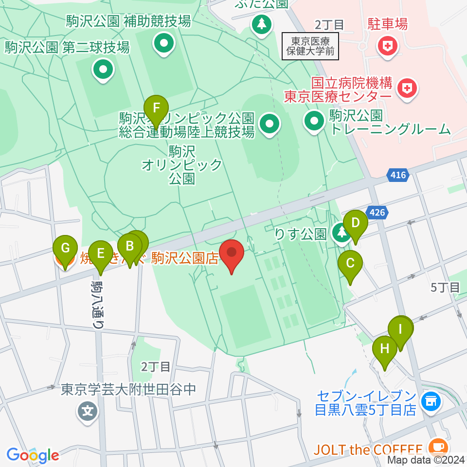 駒沢オリンピック公園屋内球技場周辺のファミレス・ファーストフード一覧地図