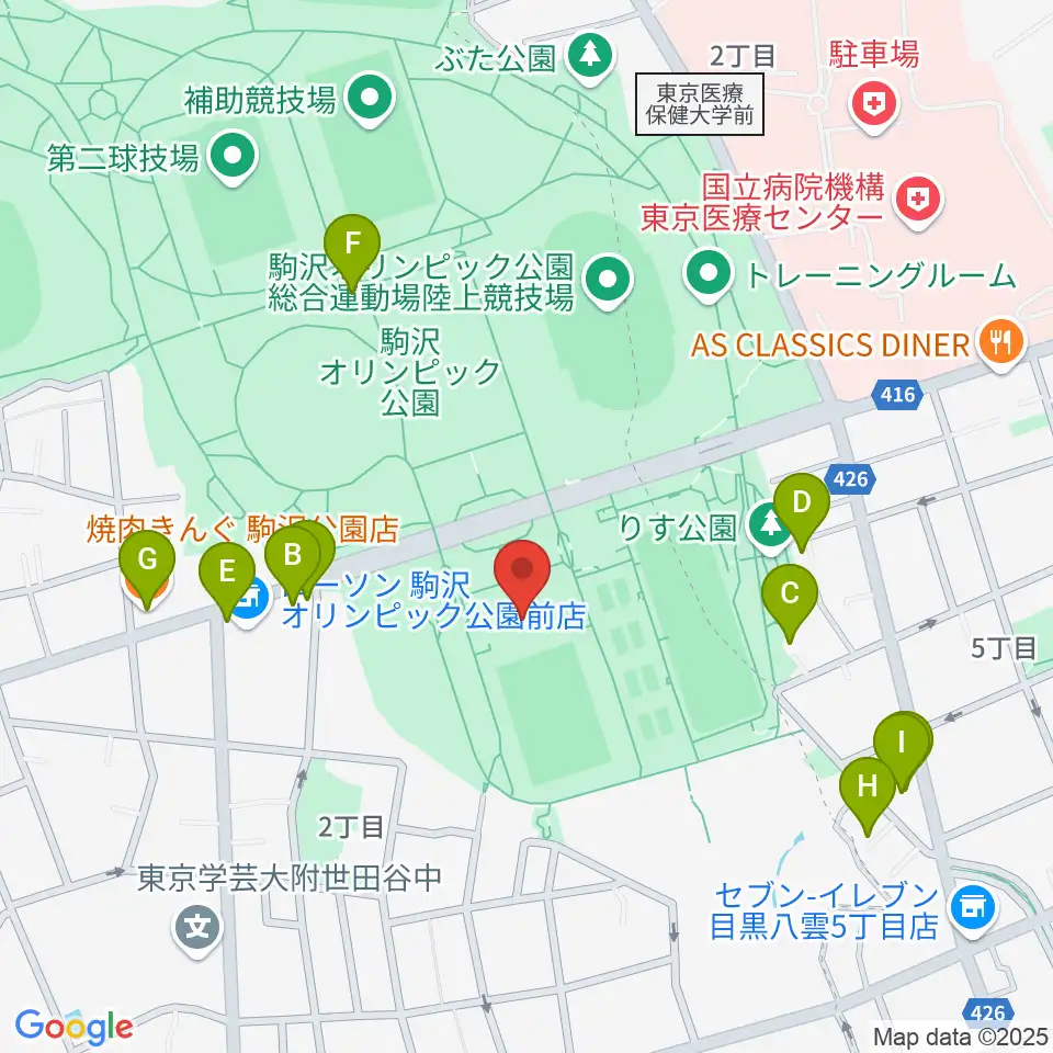 駒沢オリンピック公園屋内球技場周辺のファミレス・ファーストフード一覧地図