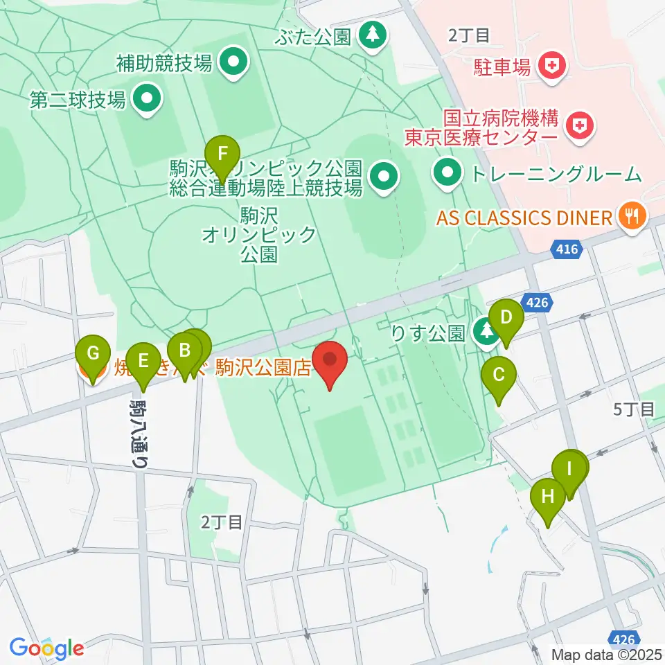 駒沢オリンピック公園屋内球技場周辺のファミレス・ファーストフード一覧地図
