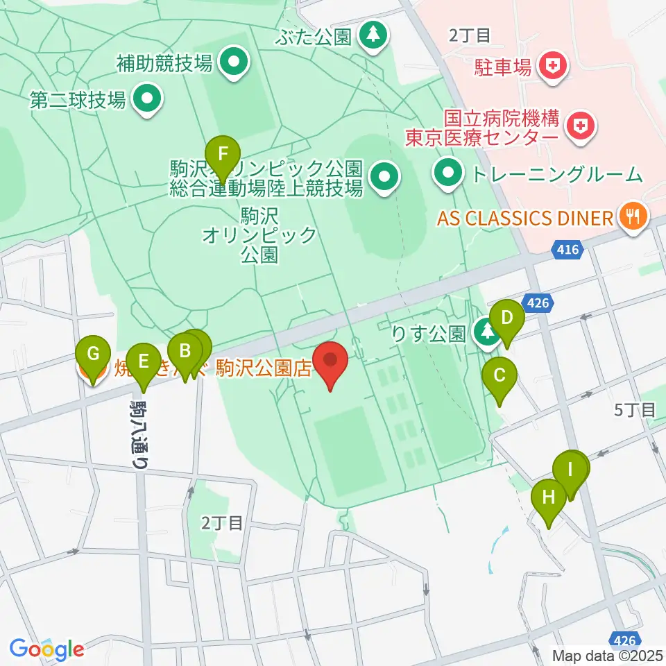 駒沢オリンピック公園屋内球技場周辺のファミレス・ファーストフード一覧地図
