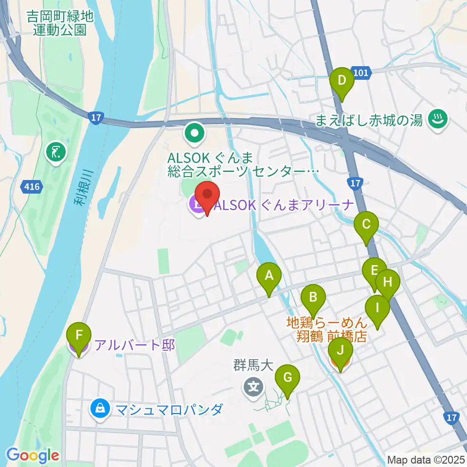 ALSOKぐんまアリーナ周辺のファミレス・ファーストフード一覧地図