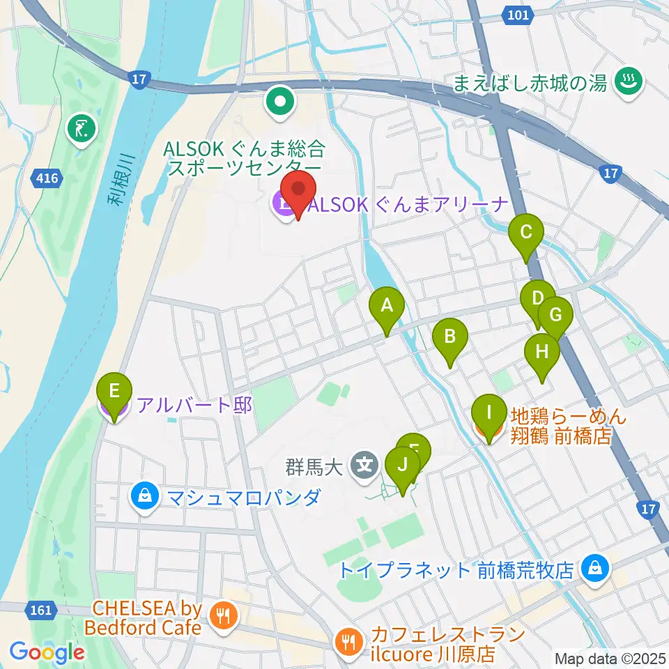 ALSOKぐんまアリーナ周辺のファミレス・ファーストフード一覧地図