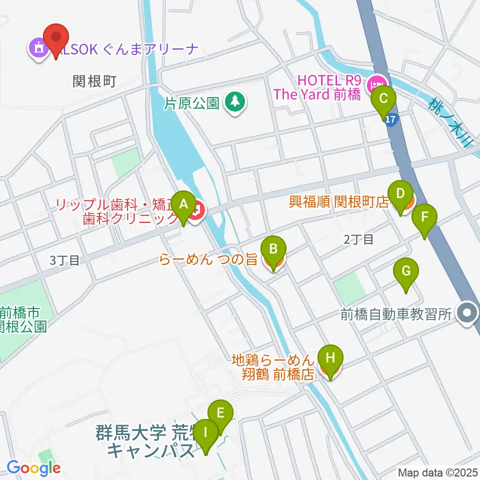 ALSOKぐんまアリーナ周辺のファミレス・ファーストフード一覧地図