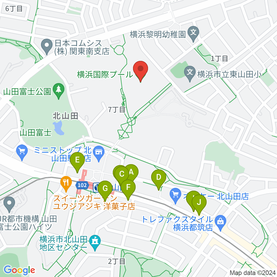 横浜国際プール周辺のファミレス・ファーストフード一覧地図