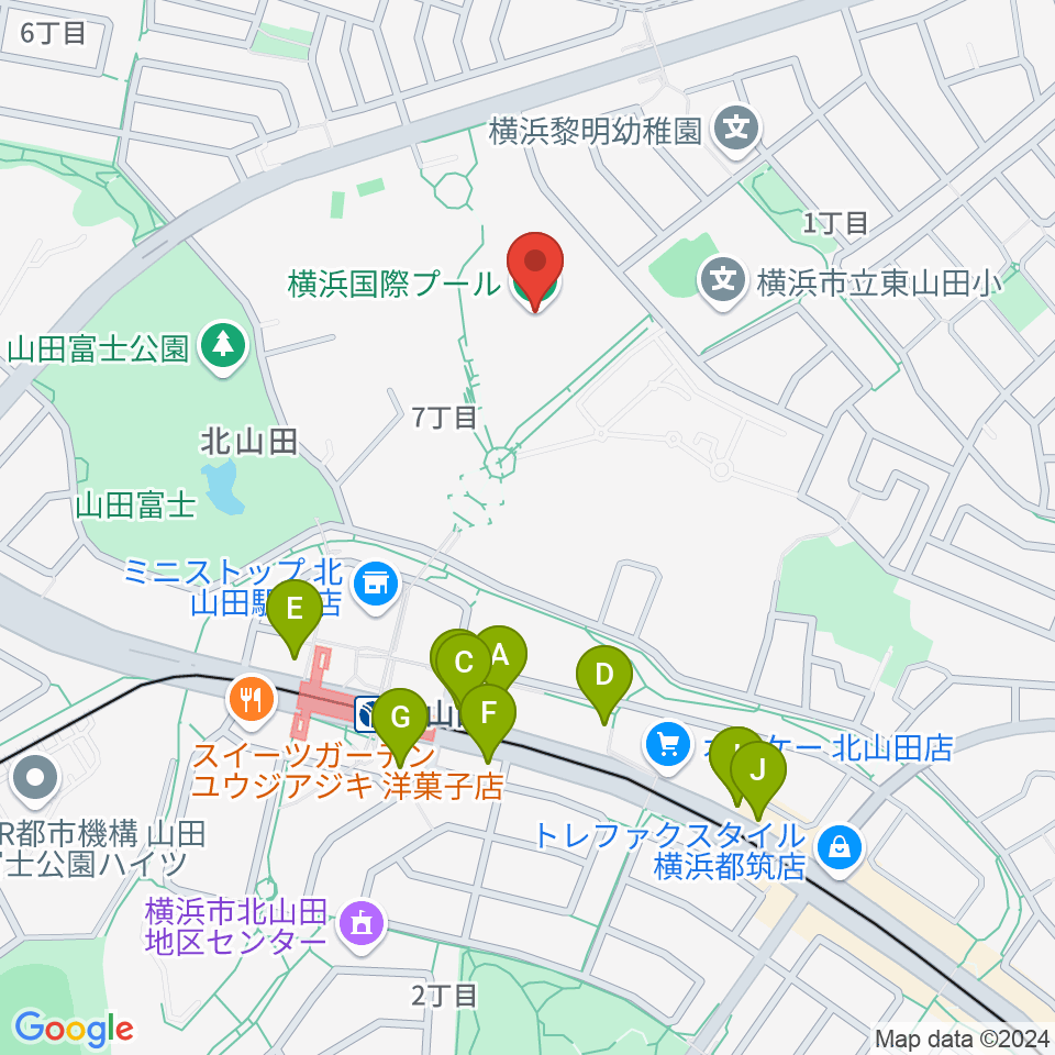 横浜国際プール周辺のファミレス・ファーストフード一覧地図